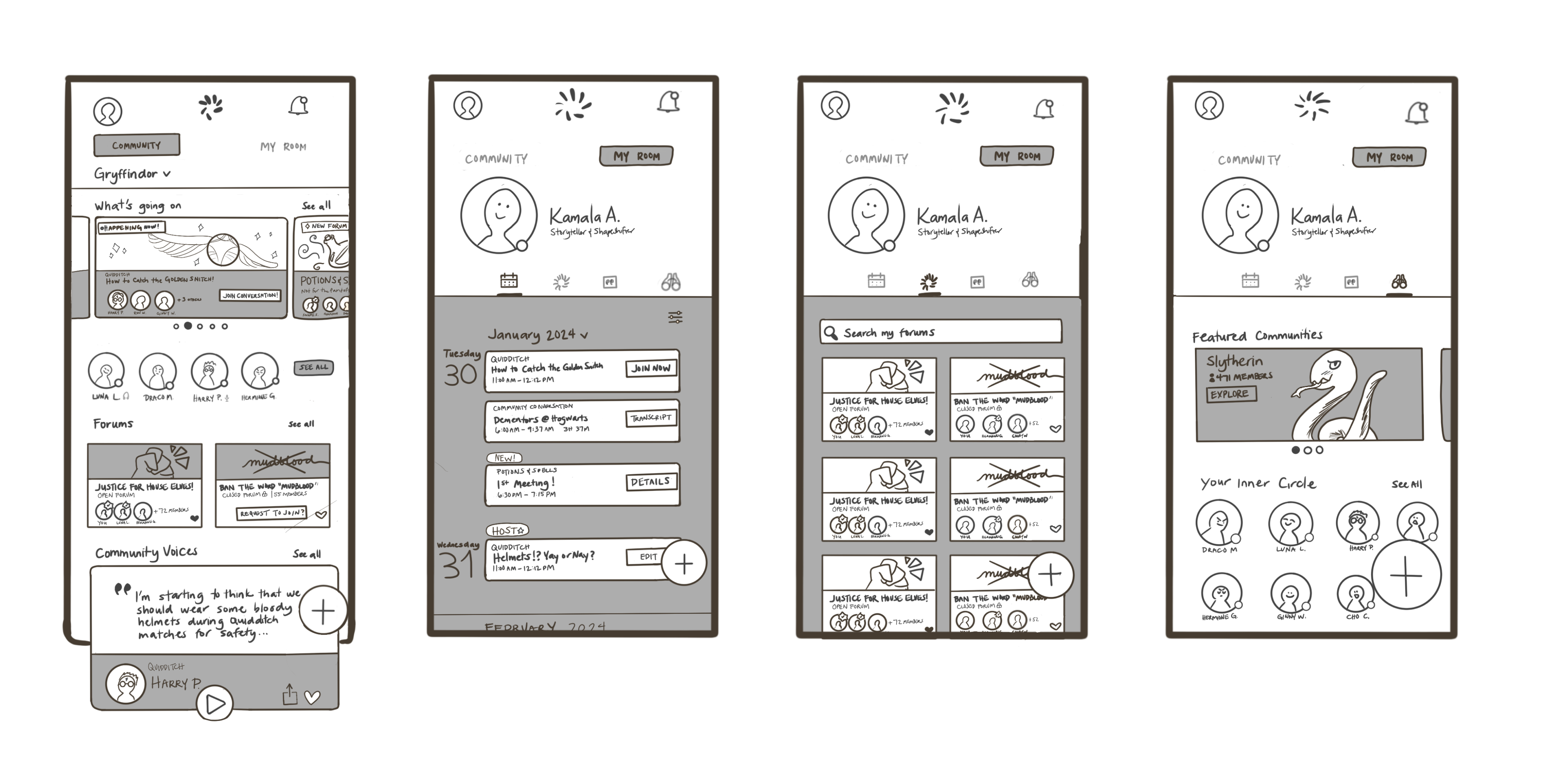 concept art of 4 wireframes